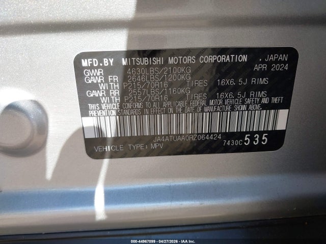Aukcja sprzedaży 2024 Mitsubishi Eclipse Cross Es S-awc, vin: JA4ATUAA0RZ064424, numer aukcji: 44967099