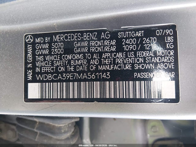 44967109 :رقم المزاد ، WDBCA39E7MA561143 vin ، 1991 Mercedes-benz 560 Sel مزاد بيع