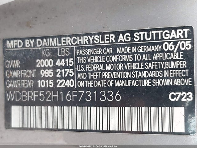 Продажа на аукционе авто 2006 Mercedes-benz C 230 Sport, vin: WDBRF52H16F731336, номер лота: 44967120