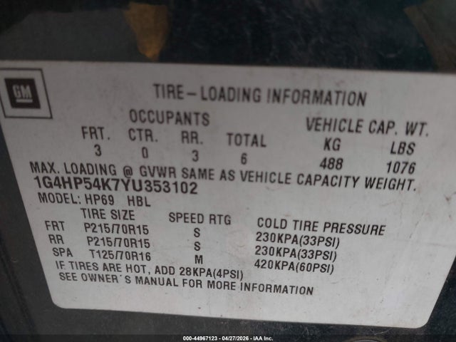 Aukcja sprzedaży 2000 Buick Lesabre Custom, vin: 1G4HP54K7YU353102, numer aukcji: 44967123
