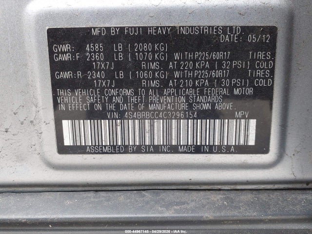 Aukcja sprzedaży 2012 Subaru Outback 2.5i Premium, vin: 4S4BRBCC4C3296154, numer aukcji: 44967145