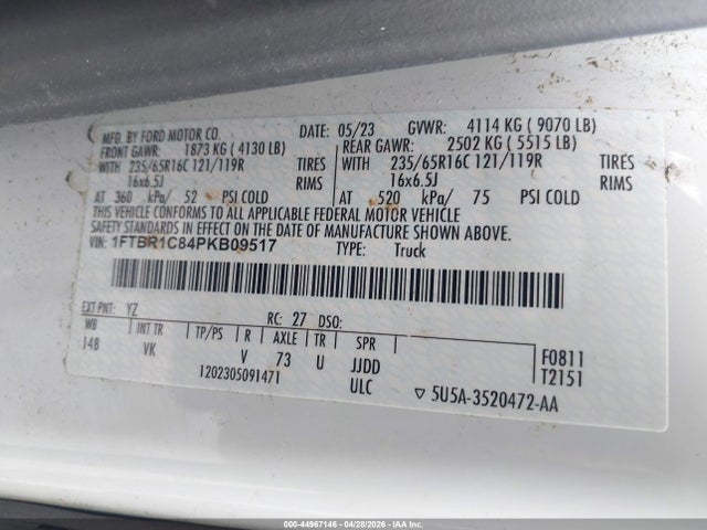 2023 Ford Transit-250 მანქანა იყიდება აუქციონზე, vin: 1FTBR1C84PKB09517, აუქციონის ნომერი: 44967146