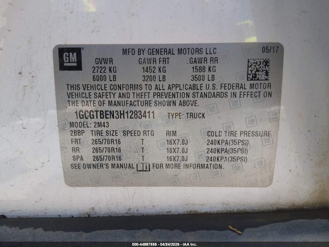 1GCGTBEN3H1283411 Chevrolet Colorado Wt