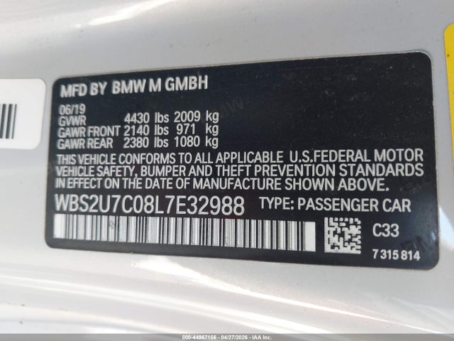 Продажа на аукционе авто 2020 Bmw M2 Competition, vin: WBS2U7C08L7E32988, номер лота: 44967156