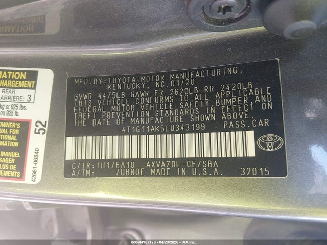 Aukcja sprzedaży 2020 Toyota Camry Se, vin: 4T1G11AK5LU343199, numer aukcji: 44967178