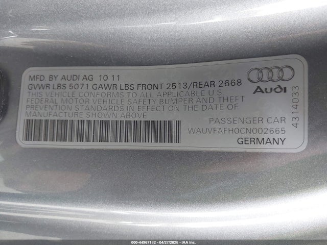 2012 Audi A5 2.0t Premium მანქანა იყიდება აუქციონზე, vin: WAUVFAFH0CN002665, აუქციონის ნომერი: 44967182