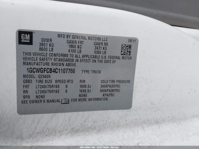 2012 Chevrolet Express 2500 Work Van მანქანა იყიდება აუქციონზე, vin: 1GCWGFCB4C1107766, აუქციონის ნომერი: 44967186