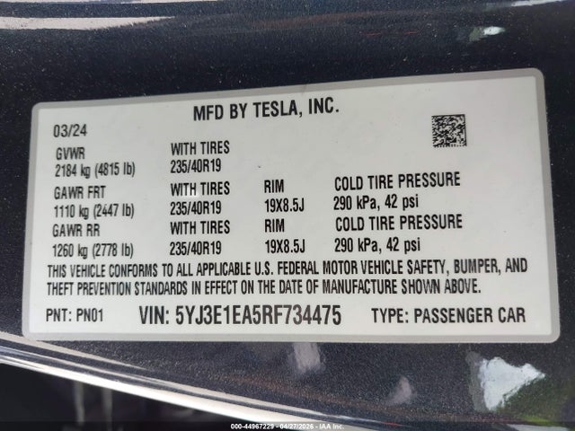 Продаж на аукціоні авто 2024 Tesla Model 3 Long Range Dual Motor All-wheel Drive/rear-wheel Drive, vin: 5YJ3E1EA5RF734475, номер лоту: 44967229