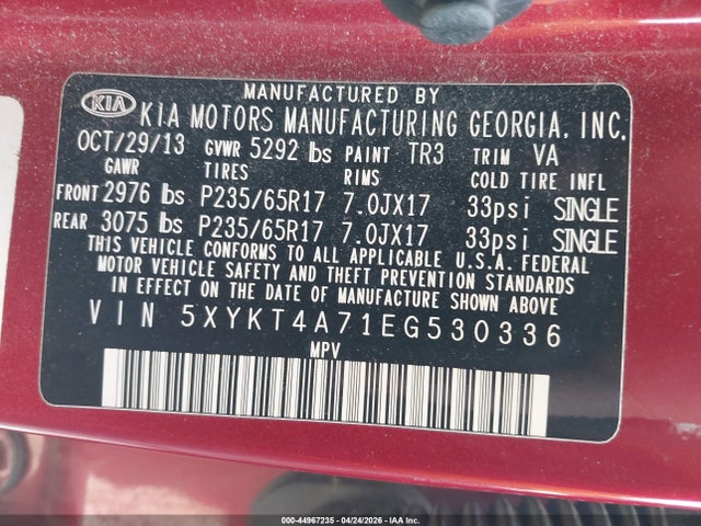 2014 Kia Sorento Lx V6 მანქანა იყიდება აუქციონზე, vin: 5XYKT4A71EG530336, აუქციონის ნომერი: 44967235
