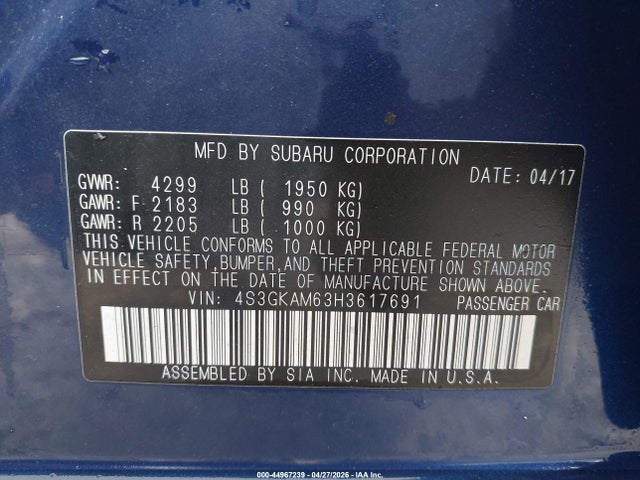 44967239 :رقم المزاد ، 4S3GKAM63H3617691 vin ، 2017 Subaru Impreza 2.0i Sport مزاد بيع