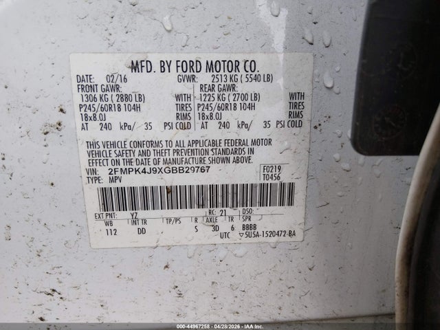 Aukcja sprzedaży 2016 Ford Edge Sel, vin: 2FMPK4J9XGBB29767, numer aukcji: 44967258