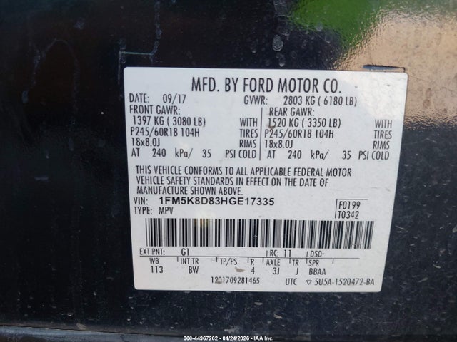 2017 Ford Explorer Xlt მანქანა იყიდება აუქციონზე, vin: 1FM5K8D83HGE17335, აუქციონის ნომერი: 44967262