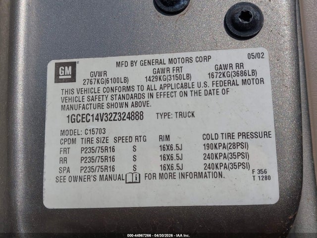 Продаж на аукціоні авто 2002 Chevrolet Silverado 1500 Ls, vin: 1GCEC14V32Z324888, номер лоту: 44967266