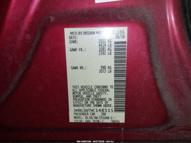 44967286 :رقم المزاد ، 1N4BL3AP7HC148515 vin ، 2017 Nissan Altima 3.5 Sl مزاد بيع