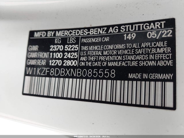 Aukcja sprzedaży 2022 Mercedes-benz E 350, vin: W1KZF8DBXNB085558, numer aukcji: 44967319