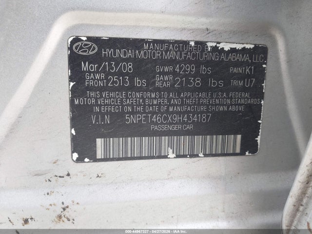 44967327 :رقم المزاد ، 5NPET46CX9H434187 vin ، 2009 Hyundai Sonata Gls مزاد بيع