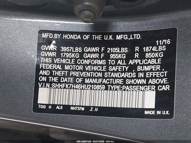 SHHFK7H46HU210859 Honda Civic Sport