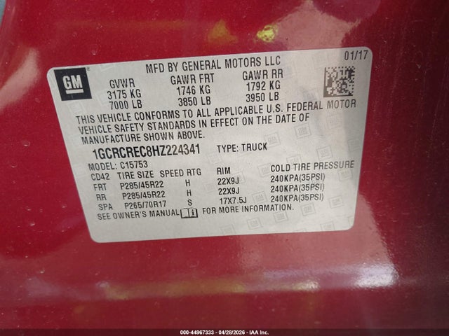 Aukcja sprzedaży 2017 Chevrolet Silverado 1500 1lt, vin: 1GCRCREC8HZ224341, numer aukcji: 44967333