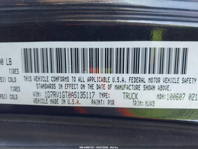 2010 Dodge Ram 1500 Slt/sport/trx მანქანა იყიდება აუქციონზე, vin: 1D7RV1GT0AS135117, აუქციონის ნომერი: 44967337