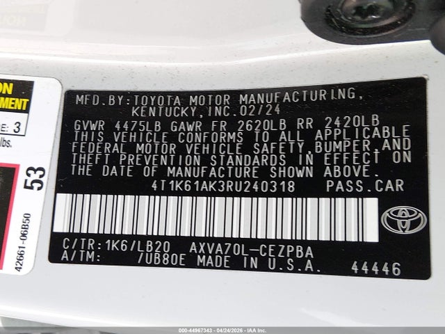 Aukcja sprzedaży 2024 Toyota Camry Xse, vin: 4T1K61AK3RU240318, numer aukcji: 44967343
