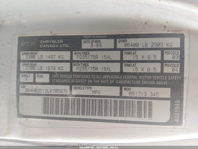 1990 Dodge Ram Wagon B250 მანქანა იყიდება აუქციონზე, vin: 2B4HB25Y2LK705678, აუქციონის ნომერი: 44967351