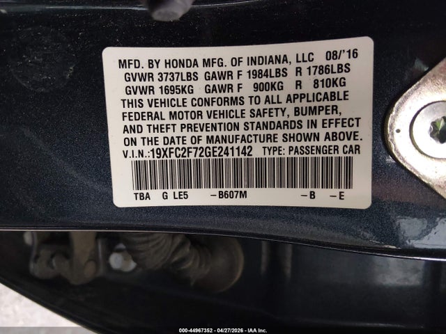2016 Honda Civic Ex მანქანა იყიდება აუქციონზე, vin: 19XFC2F72GE241142, აუქციონის ნომერი: 44967352