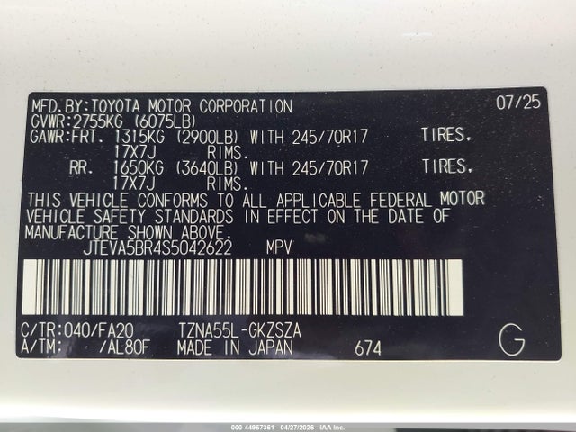 2025 Toyota 4runner Sr5 მანქანა იყიდება აუქციონზე, vin: JTEVA5BR4S5042622, აუქციონის ნომერი: 44967361