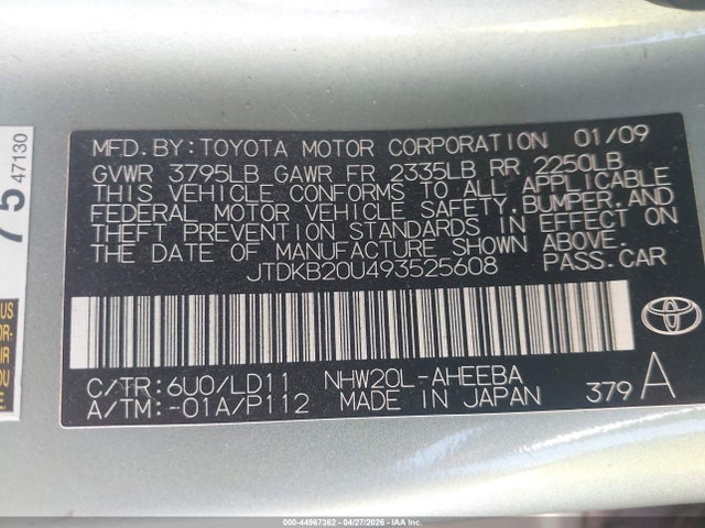 Aukcja sprzedaży 2009 Toyota Prius, vin: JTDKB20U493525608, numer aukcji: 44967362