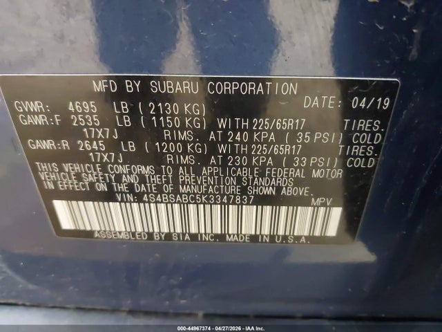 Aukcja sprzedaży 2019 Subaru Outback 2.5i, vin: 4S4BSABC5K3347837, numer aukcji: 44967374