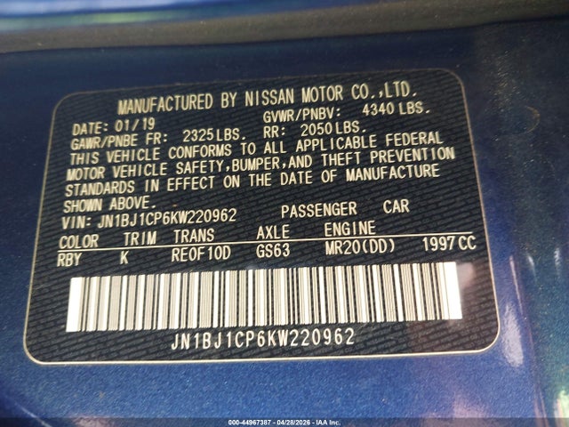 44967387 :رقم المزاد ، JN1BJ1CP6KW220962 vin ، 2019 Nissan Rogue Sport Sl مزاد بيع