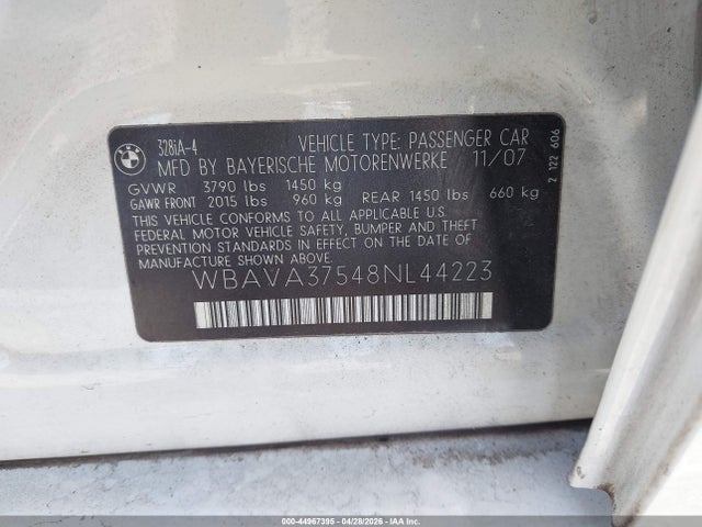 Продаж на аукціоні авто 2008 Bmw 328i, vin: WBAVA37548NL44223, номер лоту: 44967395