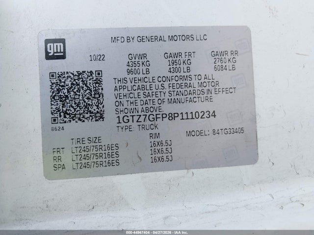 44967404 :رقم المزاد ، 1GTZ7GFP8P1110234 vin ، 2023 Gmc Savana Cargo Rwd 3500 Regular Wheelbase Work Van مزاد بيع