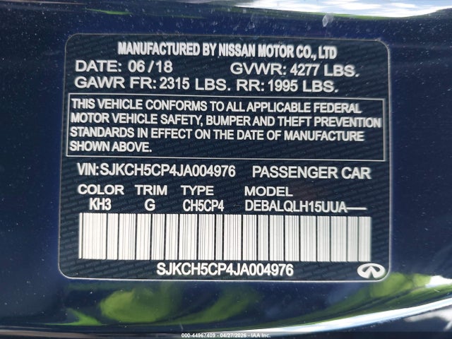 2018 Infiniti Qx30 Luxe მანქანა იყიდება აუქციონზე, vin: SJKCH5CP4JA004976, აუქციონის ნომერი: 44967409
