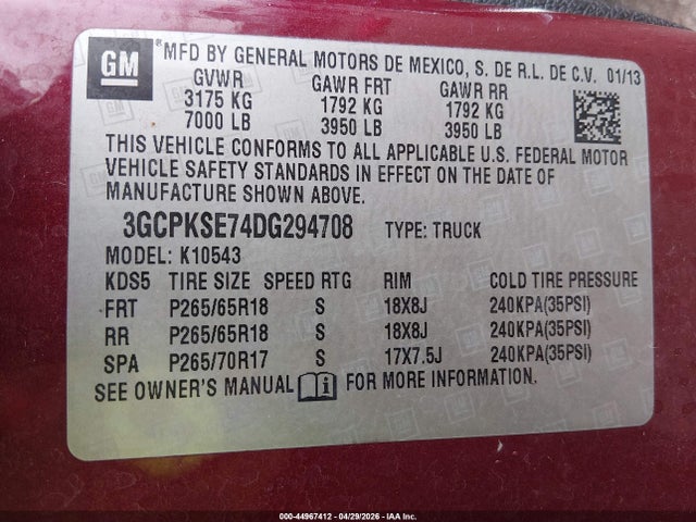 Auction sale of the 2013 Chevrolet Silverado 1500 Lt, vin: 3GCPKSE74DG294708, lot number: 44967412