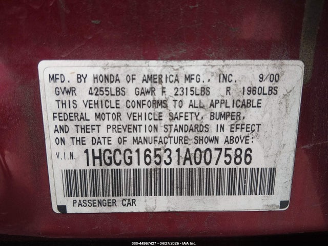Продажа на аукционе авто 2001 Honda Accord 3.0 Ex, vin: 1HGCG16531A007586, номер лота: 44967427