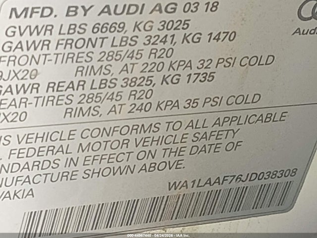 Aukcja sprzedaży 2018 Audi Q7 3.0t Premium, vin: WA1LAAF76JD038308, numer aukcji: 44967440