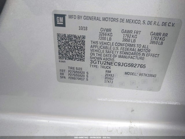 44967442 :رقم المزاد ، 3GTU2NEC9JG592765 vin ، 2018 Gmc Sierra 1500 Slt مزاد بيع