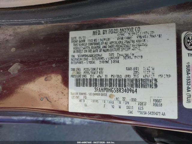 44967448 :رقم المزاد ، 3FAHP0HG5BR340964 vin ، 2011 Ford Fusion Se مزاد بيع
