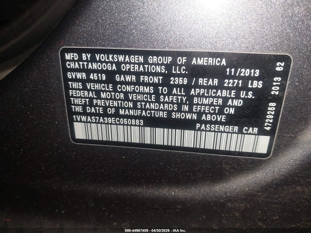 44967459 :رقم المزاد ، 1VWAS7A39EC050883 vin ، 2014 Volkswagen Passat 1.8t S مزاد بيع