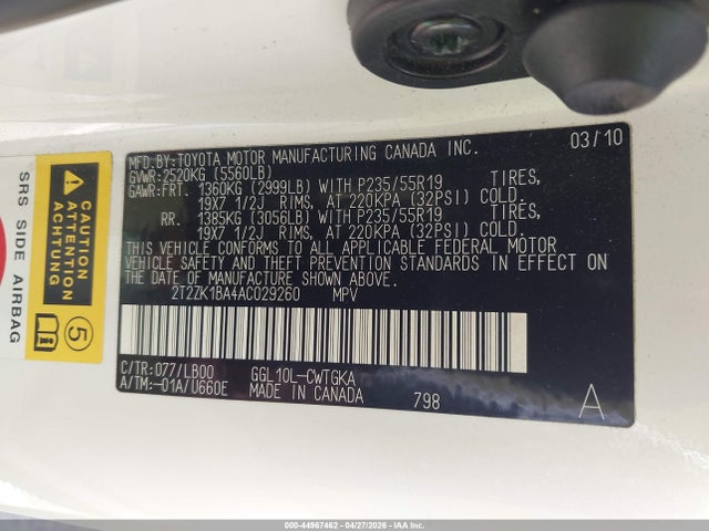 Aukcja sprzedaży 2010 Lexus Rx 350, vin: 2T2ZK1BA4AC029260, numer aukcji: 44967462