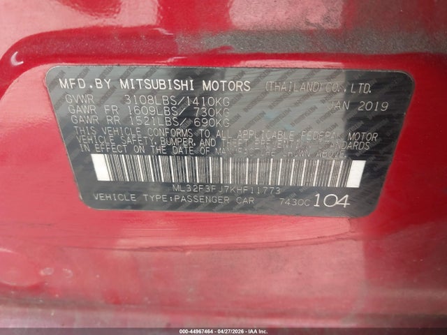 44967464 :رقم المزاد ، ML32F3FJ7KHF11773 vin ، 2019 Mitsubishi Mirage G4 Es مزاد بيع