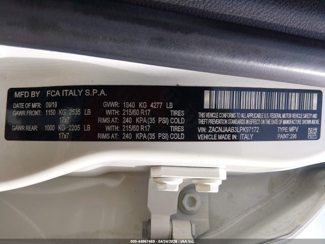 Продажа на аукционе авто 2020 Jeep Renegade Sport Fwd, vin: ZACNJAAB3LPK97172, номер лота: 44967469