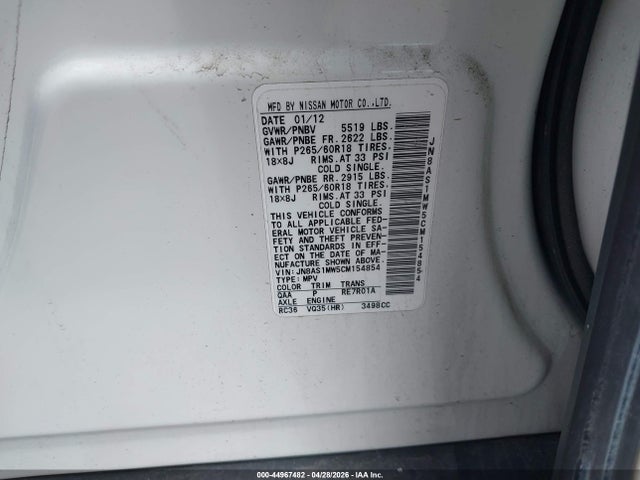 Продажа на аукционе авто 2012 Infiniti Fx35, vin: JN8AS1MW5CM154854, номер лота: 44967482
