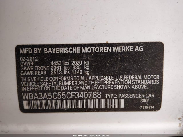 Aukcja sprzedaży 2012 Bmw 328i, vin: WBA3A5C55CF340788, numer aukcji: 44967483