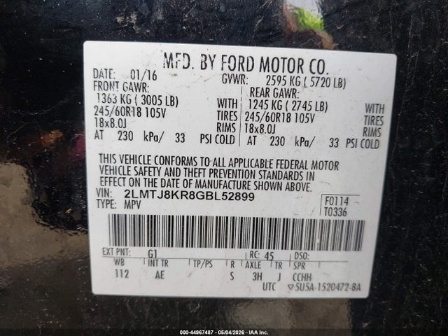 44967487 :رقم المزاد ، 2LMTJ8KR8GBL52899 vin ، 2016 Lincoln Mkx Select مزاد بيع
