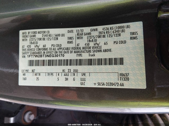 Продажа на аукционе авто 2022 Ford F-250 Xlt, vin: 1FT7W2BT3NEG30170, номер лота: 44967508