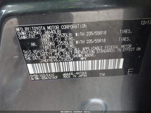 Aukcja sprzedaży 2018 Toyota Rav4 Limited, vin: JTMDFREV8JJ728234, numer aukcji: 44967512