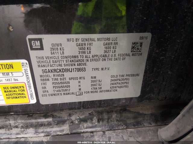 Продажа на аукционе авто 2017 Buick Enclave Premium, vin: 5GAKRCKD8HJ170663, номер лота: 44967514