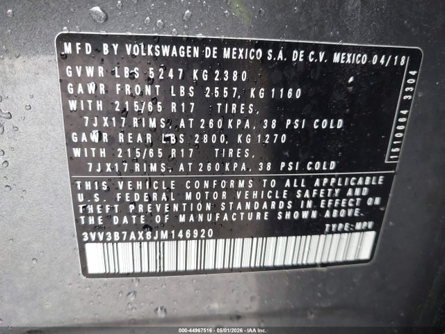 44967516 :رقم المزاد ، 3VV3B7AX8JM146920 vin ، 2018 Volkswagen Tiguan 2.0t Se/2.0t Sel مزاد بيع
