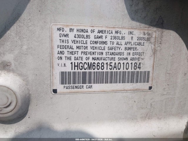 2005 Honda Accord 3.0 Ex მანქანა იყიდება აუქციონზე, vin: 1HGCM66815A010184, აუქციონის ნომერი: 44967529